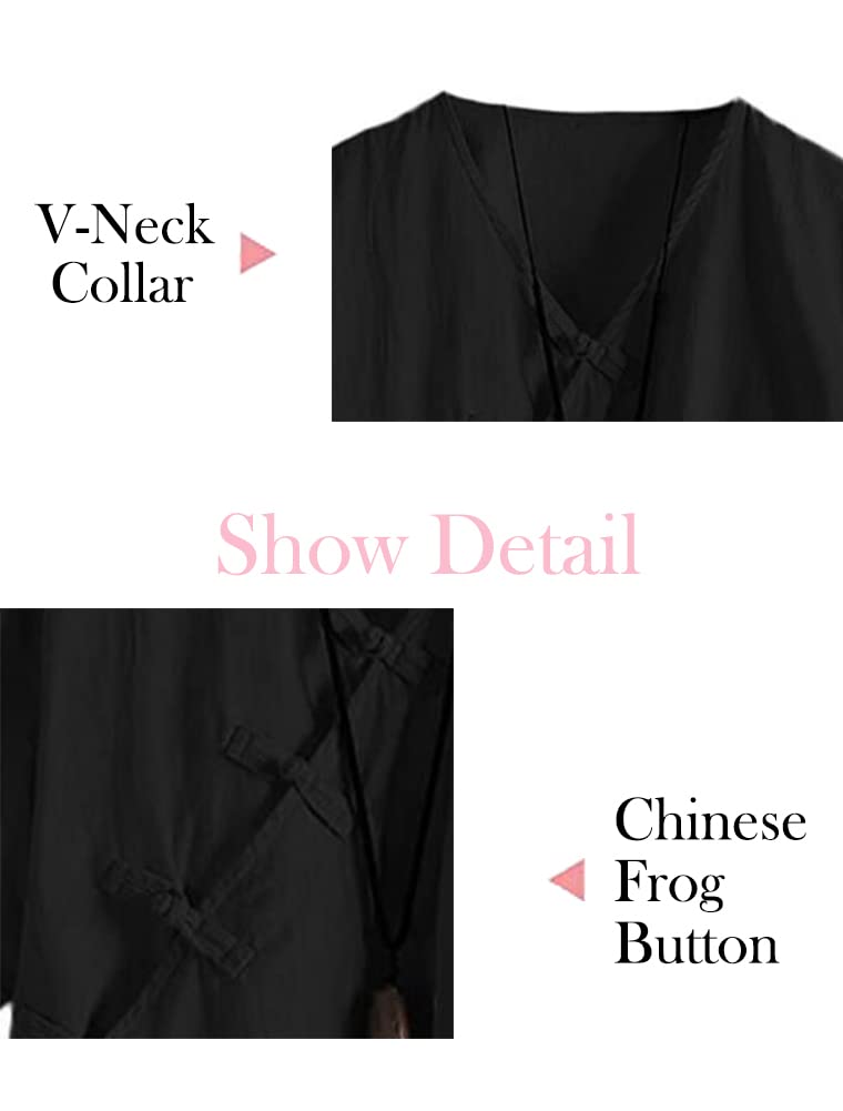 Minibee Women's Linen Retro Chinese Frog Button Tops Blouse Black 2XL - Image 2